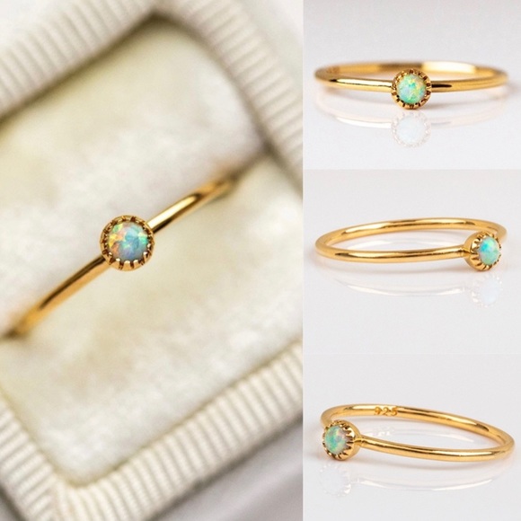 Budding Bloom Opal Solitary Synthetic Ring in Gold Tone Milgrain Bezel, Size 6 - Picture 1 of 8
